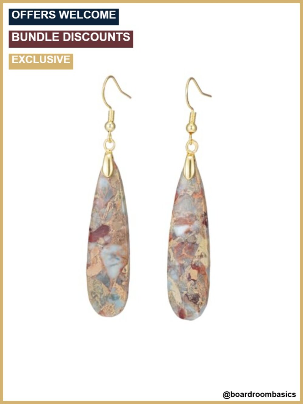 Jasper Stone Teardrop Dangle Earrings Gold Tone Fish Hook Women